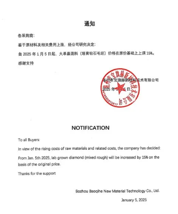 漲價(jià) 15%！又一培育鉆石生產(chǎn)商發(fā)布漲價(jià)通知